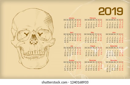 Calendar 2019. The human skull.