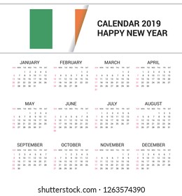 Calendar 2019 Ireland Flag background. English language