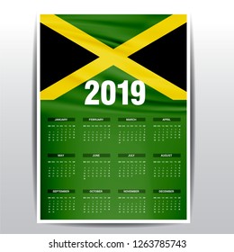 Calendar 2019 Jamaica Flag background. English language