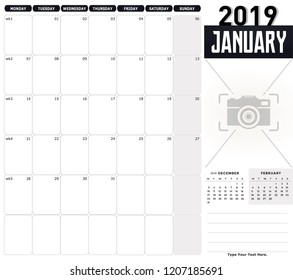 Calendar 2019 January. Desk Calendar January with 2018 December and 2019 February Planner template element.