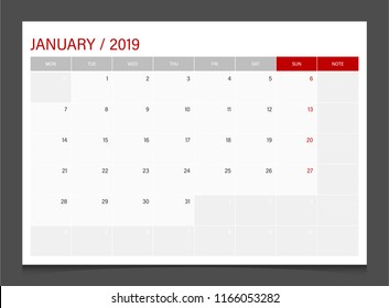 Calendar 2019 January week start Monday corporate design template vector.