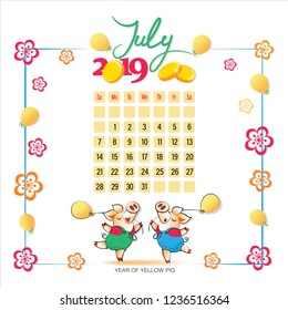 Calendar 2019 for July. Cute pigs with balloons. Symbol of the year. Light background. Wonderful summer month. Design for printing on fabric or paper.