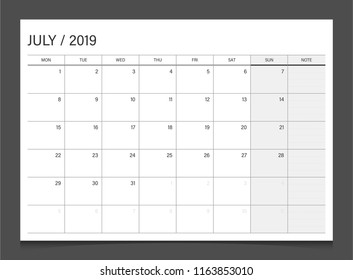 Calendar 2019 July week start Monday corporate design template vector.