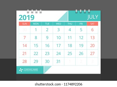 Calendar 2019 July week start Sunday corporate design template vector.