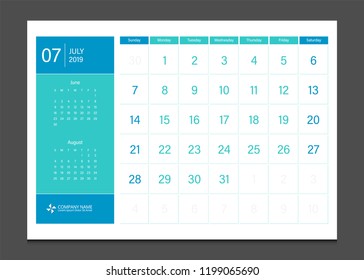 Calendar 2019 July week start Sunday corporate business modern design layout template vector.