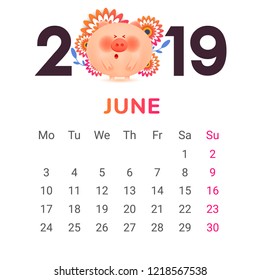 Calendar for 2019. June  month. Color numbers with a jolly fat pig and gift
