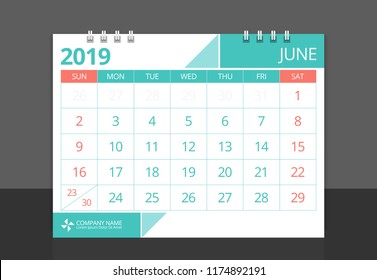Calendar 2019 June week start Sunday corporate design template vector.