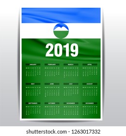 Calendar 2019 Kabardino Balkaria Flag background. English language