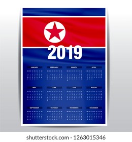 Calendar 2019 Korea North Flag background. English language