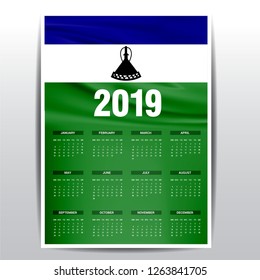 Calendar 2019 Lesotho Flag background. English language