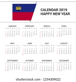 Calendar 2019 Liechtenstein Flag background. English language
