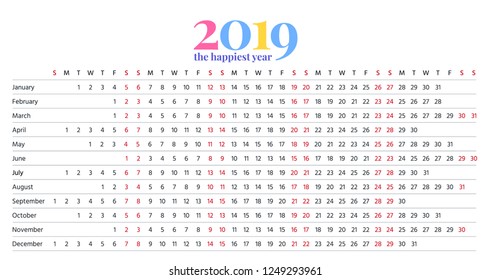 Calendar 2019 linear design. Vector graphics. Stationery template 2019 year in simple style with months. Portrait horizontal orientation. Yearly calendar organizer. Isolated illustration.