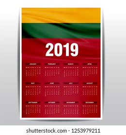 Calendar 2019 Lithuania Flag background. English language