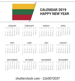 Calendar 2019 Lithuania Flag Background English Stock Vector (Royalty