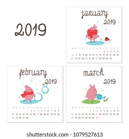 Calendar  2019 with little piglet, with three winter/spring months - january, february and march. Vector illustration with a season and seasonal activities.