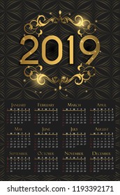Calendar for 2019. luxury concept with golden color. calendar template on dark background