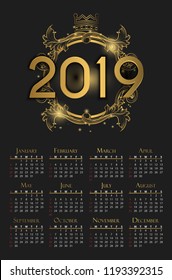 Calendar for 2019. luxury concept with golden color. calendar template on dark background