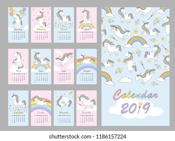 Calendar 2019 with Magic cute unicorn. Vector illustration