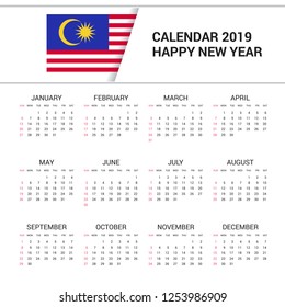 Calendar 2019 Malaysia Flag background. English language