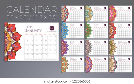 Calendar 2019 with mandalas