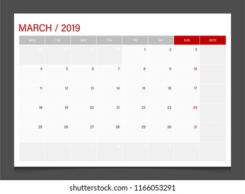 Calendar 2019 March week start Monday corporate design template vector.