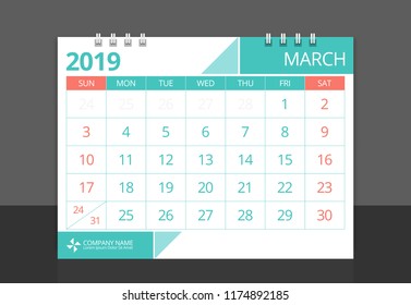 Calendar 2019 March week start Sunday corporate design template vector.