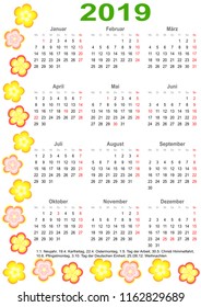 Calendar 2019 with markings and a list of public holidays for Germany edged with colorful flowers