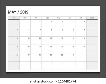 Calendar 2019 May week start Sunday corporate design template vector.