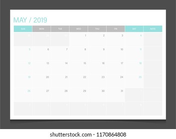 Calendar 2019 May week start Sunday corporate design template vector.