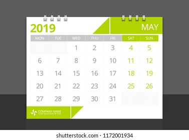 Calendar 2019 May week start Monday corporate design template vector.
