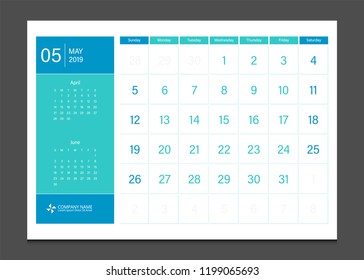 Calendar 2019 May week start Sunday corporate business modern design layout template vector.