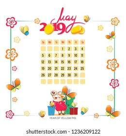 Calendar 2019 for May. Yellow pig with gifts. Symbol of the year. Light background. Wonderful month. Design for printing on fabric or paper.