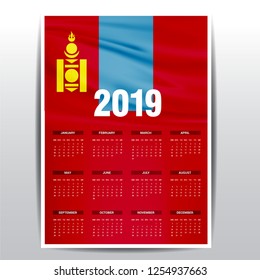 Calendar 2019 Mongolia Flag background. English language