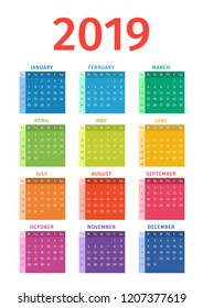 Calendar 2019. Multi-colored backgrounds for months on white background. The week starts on Sunday. Eps10 vector.