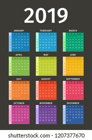 Calendar 2019. Multi-colored backgrounds for months on black background. The week starts on Sunday. Eps10 vector.