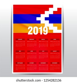 Calendar 2019 Nagorno Karabakh Republic Flag background. English language