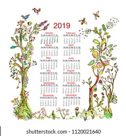 Calendar 2019 with nature frame elements - trees, flowers, birds, bees. Vector graphic illustration