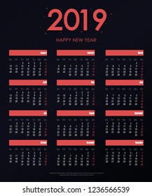 Calendar 2019 new year in clean minimal simple style. Holiday event planner. Week starts on sunday