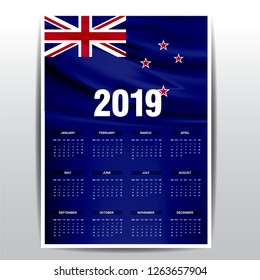 Calendar 2019 New Zealand Flag background. English language