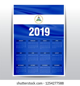 Calendar 2019 Nicaragua Flag background. English language