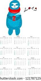 Calendar for 2019 with a nice sloth. Week starts with sunday.