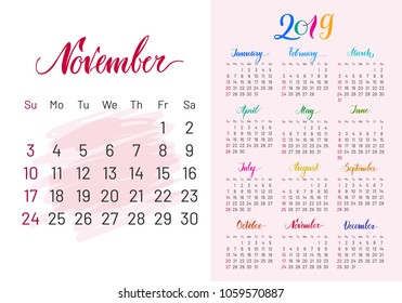 Calendar, 2019, November separately, white-pink background, lettering, artboard. Stylish annual planner for modern people. Vector illustration of chart