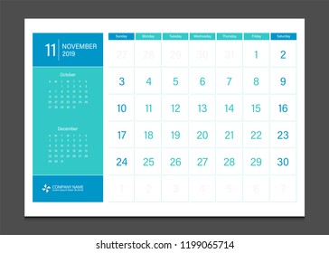 Calendar 2019 November week start Sunday corporate business modern design layout template vector.