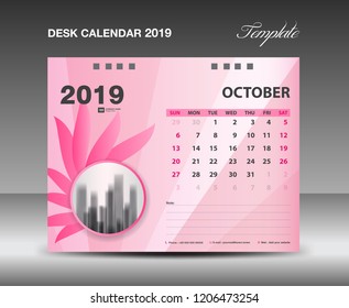 Calendar 2019, OCTOBER Month, Desk Calendar Template vector design, pink flower concept, creative idea, advertisement, business flyer, polygonal background