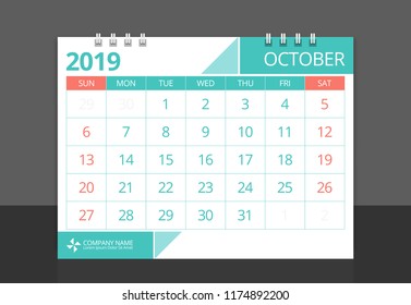 Calendar 2019 October week start Sunday corporate design template vector.
