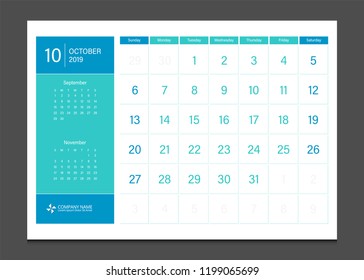 Calendar 2019 October week start Sunday corporate business modern design layout template vector.
