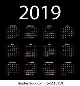 Calendar for 2019 on black background. Vector EPS10.