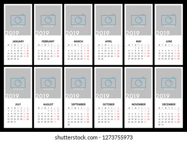 Calendar for 2019 on grey background with quote message. Week Starts Monday. Simple Vector Template