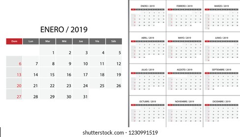 Calendar 2019 on Spanish language week start on Sunday. Template for planner design
