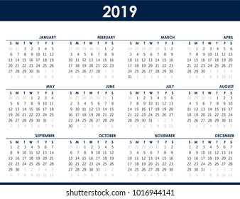 Calendar for 2019 on white background